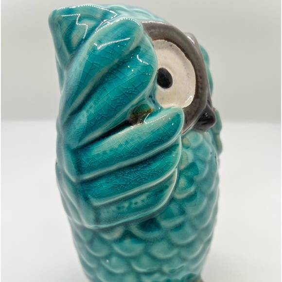 Bashful Owl 6" Glazed Ceramic Figurine Teal Blue Statue Decor Handmade Pottery - Picture 5 of 7